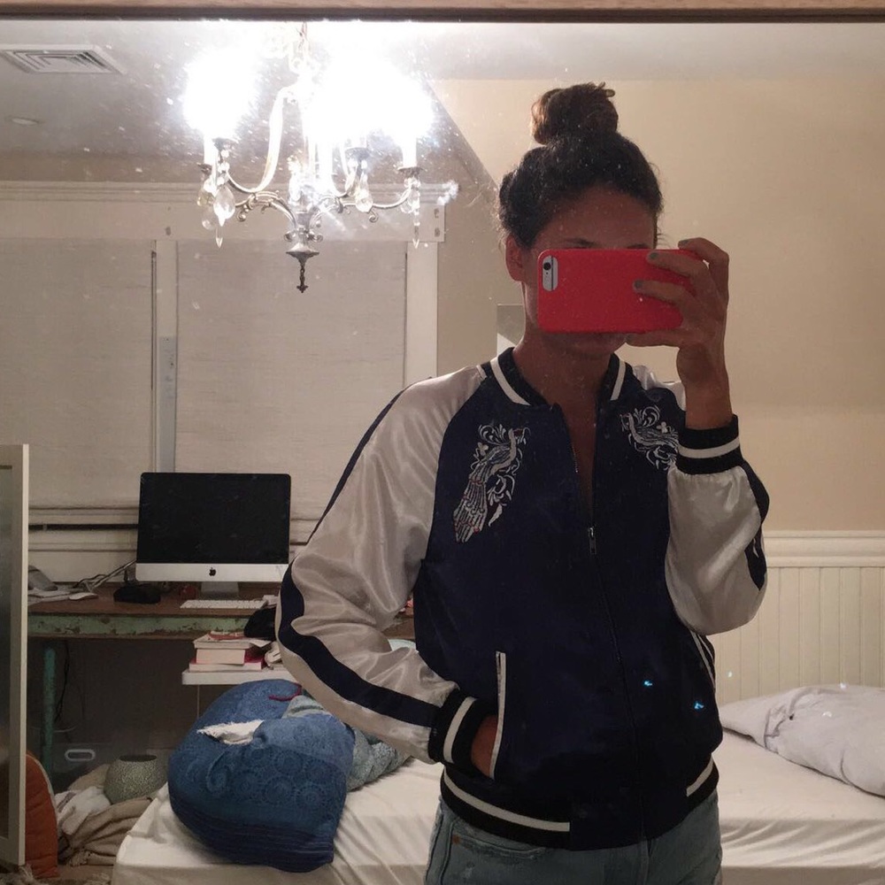 Navy & White Embroiled Silk Bomber